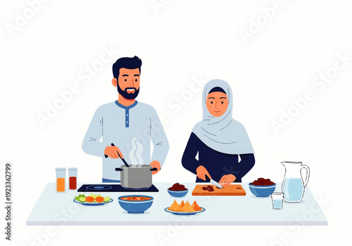 Flat design illustration of a man and woman cooking together in a kitchen with various food items on the table, vector style with a clean white background.