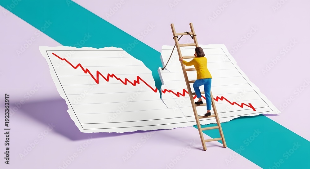 Fototapeta premium Woman climbing ladder tearing graph illustration financial concept