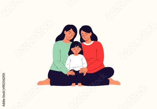 Flat design illustration vector of two women and a child sitting together in a warm, minimalist setting.