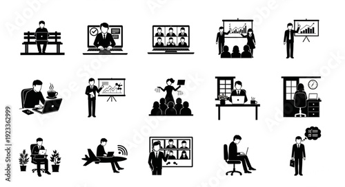Collection of business icons representing various work activities and meetings.