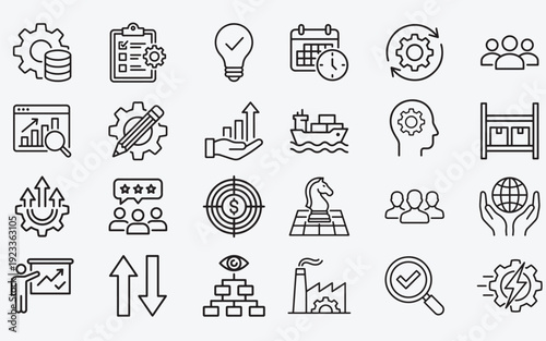 Collection of business and technology icons in line style for various uses