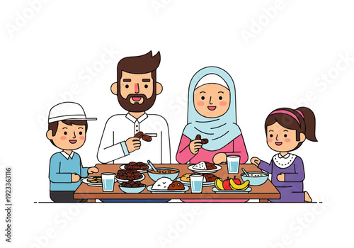 Flat design illustration vector of a Muslim family sharing a meal together with traditional clothing in a simple composition.