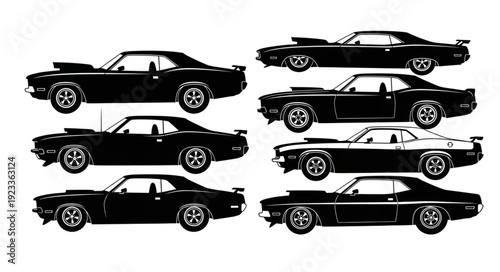 Collection of classic American muscle car silhouettes.