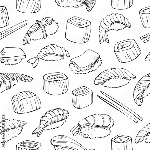 Seamless pattern of hand drawn sushi and sashimi with chopsticks.