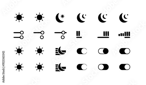Day and Night Mode Icon Set with Screen Brightness and Contrast Control Vector Symbols