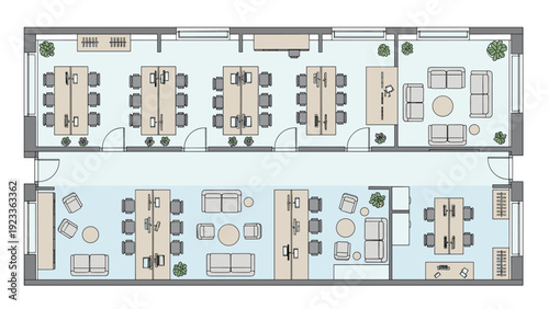 Architectural top-down view of a modern office floor plan featuring workstations, meeting areas, lounge spaces, and office furniture layout.