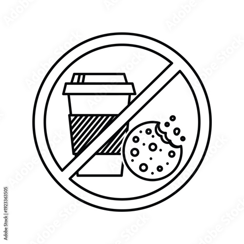 Symbol prohibiting consumption of hot beverage in a paper cup and a bitten cookie