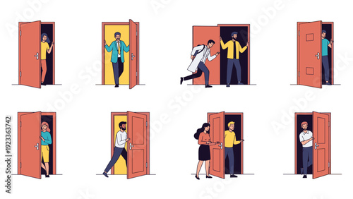 Set of people in various outfits entering and exiting doorways, representing transitions, opportunities, and movement in a cartoon style.