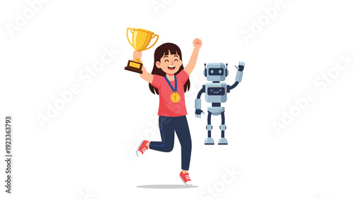 Enthusiastic girl celebrating an achievement with a gold trophy and medal alongside a friendly robot for STEM and robotics themes.