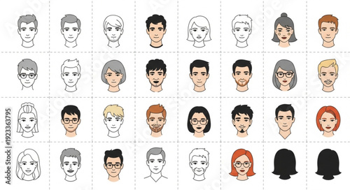 Diverse Collection of Hand Drawn Human Faces and Portraits.