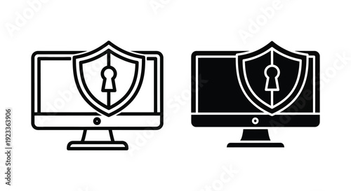 Cybersecurity and data protection icons featuring a computer monitor with a shield and keyhole symbol in outline and solid styles for digital safety concepts.