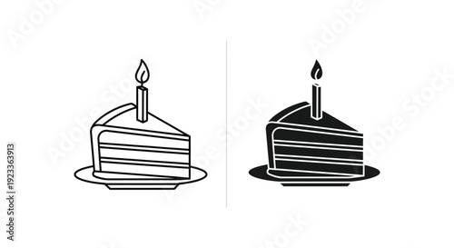 Minimalist birthday cake slice icons with a lit candle on a plate, featuring both outline and solid black vector styles for celebration and anniversary design projects.