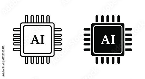 Set of minimalist artificial intelligence microchip icons in outline and solid black styles representing modern machine learning technology and advanced computer hardware processing.