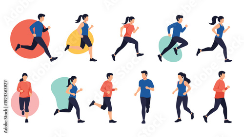Diverse collection of men and women running and jogging in various poses and athletic wear for fitness and health concepts.