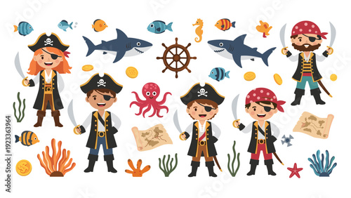 Collection of cute pirate characters with nautical elements like sharks, octopus, treasure maps, and gold coins for children design.