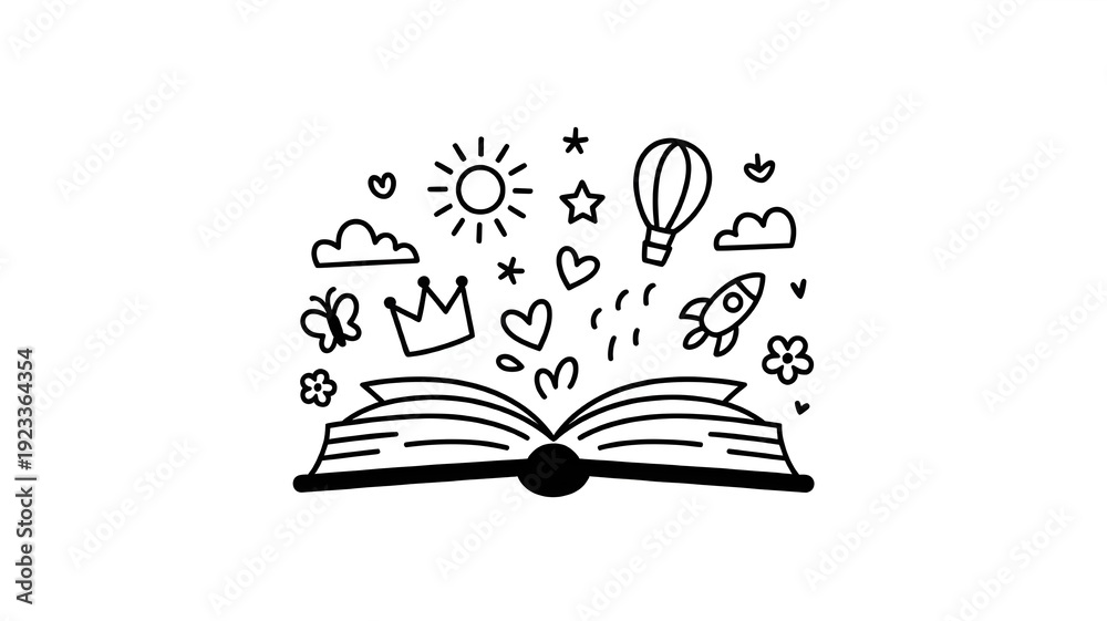 Naklejka premium children book day template card, poster, flyer, banner. open book, rocket, balloon, crown, heart, sun, stars. fantasy, fairy tale, imagination. sketch hand drawn doodle. vector, minimalism, monochrome