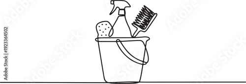 Bucket with cleaning supplies in one continuous line drawing. Cleanup and washing concept in simple linear style.one line vector illustration with out Background
