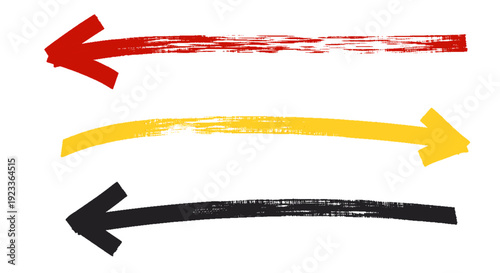 Three hand-painted brush stroke arrows in red, yellow, and black pointing left and right on a white background