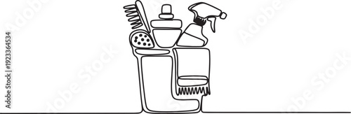 Bucket with cleaning supplies in one continuous line drawing. Cleanup and washing concept in simple linear style.one line vector illustration with out Background