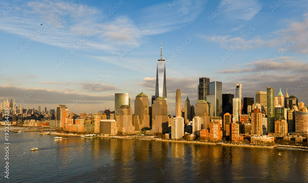 Obraz premium Manhattan aerial cityscape in NYC with business district towers in New York. New York skyline panorama. Iconic skyscrapers of New York City. New York City skyline.