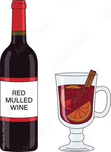 Mulled Wine Bottle and Glass with Orange and Cinnamon Illustration, Warm Winter Beverage Concept for Christmas Menu and Holiday Celebration Design