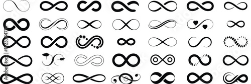 Infinity Symbols Collection, Black Infinity Vector Illustrations on White Background, Perfect for Logo Design, Branding, Mathematical Representation, and Creative Graphic Projects in Various Styles.