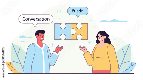 A man and woman communicate with open hands, two speech bubbles Conversation and Puzzle float above connected puzzle pieces.