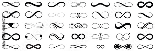 Infinity Vector Icon Set, Black Infinity Symbols in Classic and Artistic Styles, Ideal for Logos, Branding, Mathematical Illustrations, and Modern Creative Design Applications.