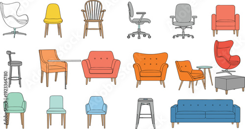 Chair Collection with Modern and Classic Seating Furniture Illustration Set for Interior Design, Home Decor, Office Space, and Living Room Concepts