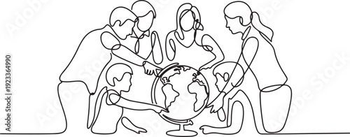 continuous line of teachers and students looking at a globe.one line drawing of geography learning school activities.one line vector illustration with out Background