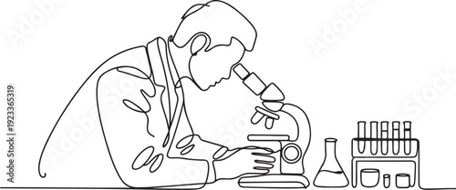 Continuous one line drawing of a scientist using a microscope in a laboratory.one line vector illustration with out Background