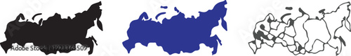 Russia Map Silhouette and Administrative Districts Set: Black Vector Outline, Blue Flat Icon, and Detailed Regional Borders Graphic for Infographics and Geography Design