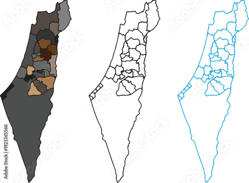 Israel Map Infographic Set with Regional Subdivisions: Professional Vector Outlines and Color Coded District Territory Illustrations for Data Analysis and Geography