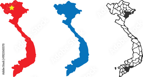 Vietnam Map Silhouette Collection: Red National Flag with Star, Blue Geographic Outline, and Detailed Black and White Provincial Administrative Map Graphics
