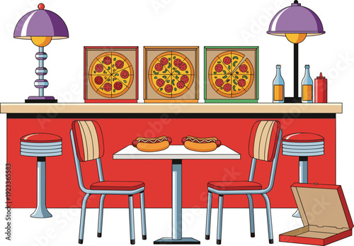 Retro Fast Food Diner Interior with Pizza Boxes, Hot Dogs, and Counter Seating Illustration for Restaurant Design, Cafe Decor, and Street Food Themes