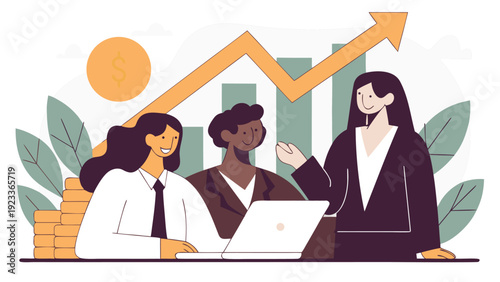 Three businesswomen collaborate at a laptop, with a growth chart, rising arrow, and stacked coins in the background.
