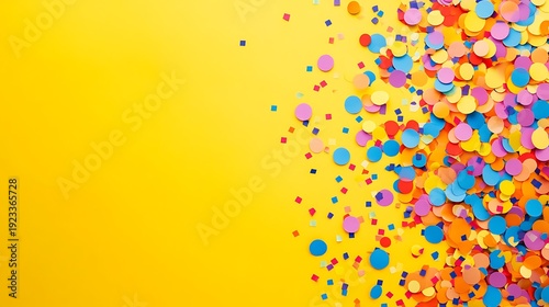 Vibrant confetti sprinkles across a cheerful bright yellow background