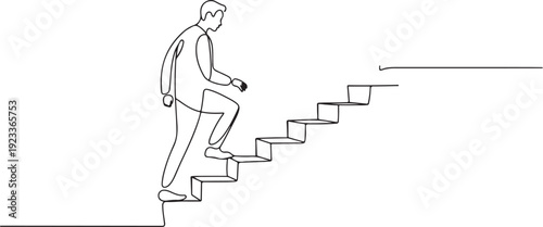 Man climbs the stairs in one continuous line drawing. Concept.one line vector illustration with out Background