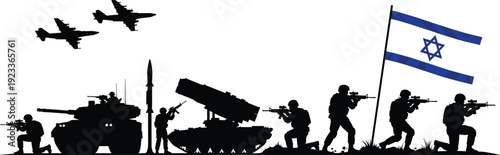 Military Silhouette Scene with Soldiers, Tank, Aircraft, and National Flag Illustration, Defense Forces Concept for Security, Warfare, and Tactical Design Themes