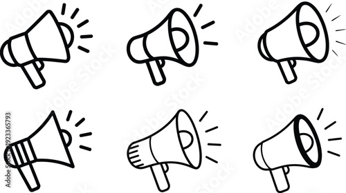 Megaphone Outline Icon Set Vector on White Background, Featuring Megaphone Symbols with Sound, Advertising Concept, and Flat Line Style for Creative Design Projects.