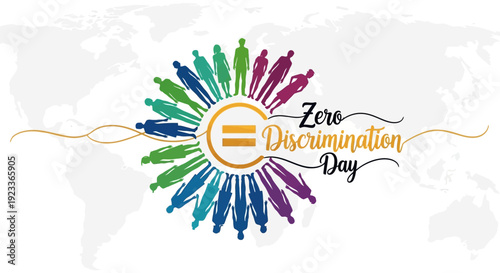 Illustration for Zero Discrimination Day on March 1, promoting equality and social inclusion with a colorful design and equal sign symbol.