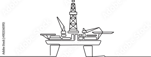 Minimalist one line drawing of offshore oil drilling platform with central derrick and multiple deck levels.one line vector illustration with out Background