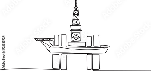 Minimalist one line drawing of offshore oil drilling platform with central derrick and multiple deck levels.one line vector illustration with out Background