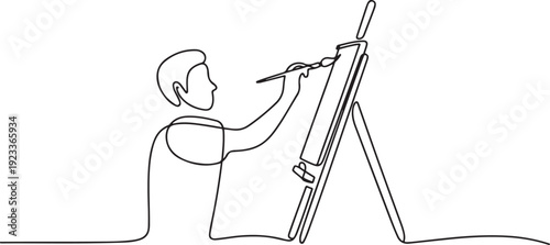 One continuous line drawing of an artist is painting on a canvas vector illustration. Art themes design vector in simple linear concept.one line vector illustration with out Background
