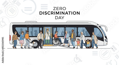 Diverse people of various ages and abilities boarding a bus on Zero Discrimination Day, promoting equality and social inclusion.
