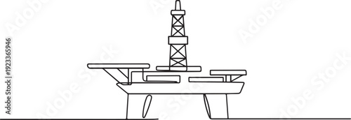 Minimalist one line drawing of offshore oil drilling platform with central derrick and multiple deck levels.one line vector illustration with out Background