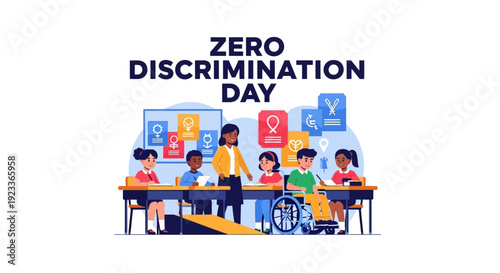 Illustration of diverse people sitting at desks on Zero Discrimination Day, promoting equality and social inclusion.