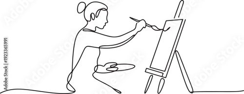 One continuous line drawing of an artist is painting on a canvas vector illustration. Art themes design vector in simple linear concept.one line vector illustration with out Background