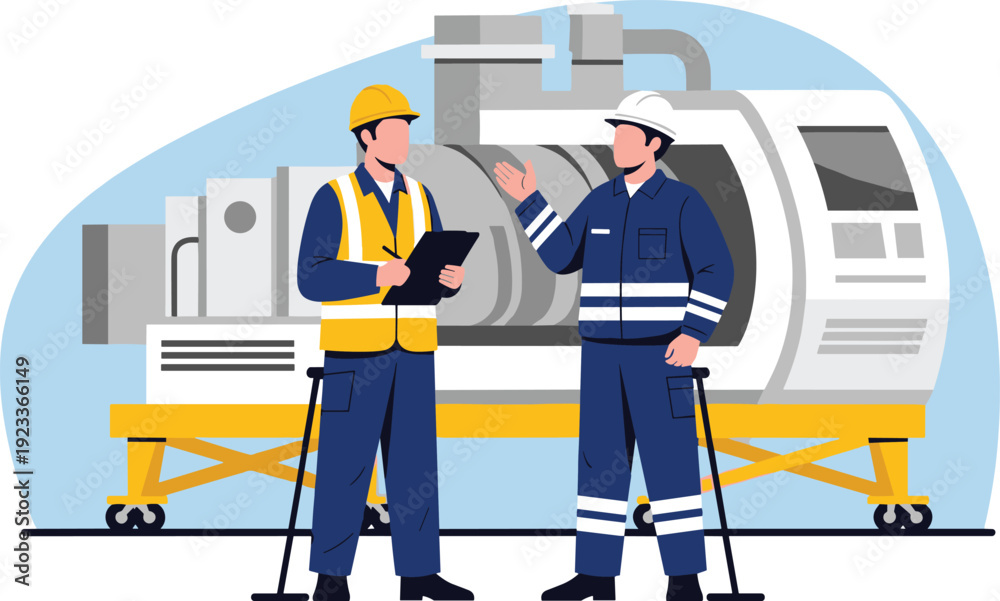 Fototapeta premium Industrial Engineers Working with Heavy Machinery Illustration, Factory Maintenance and Engineering Concept for Manufacturing Industry, Technical Service, and Workforce Design