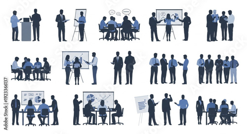 Business meeting and presentation silhouettes collection.